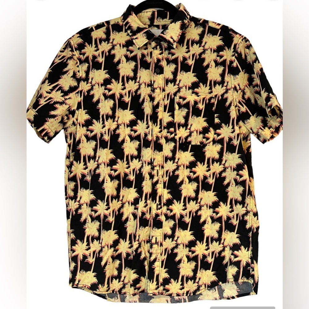 American Eagle‎ Outfitters  Men’s Medium Black Yellow Tropical Palms Print Shirt